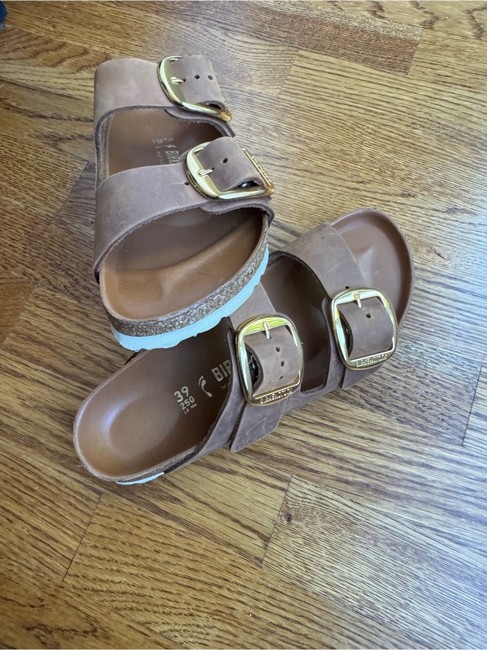 Birkenstock Brown Two-Strap Sandals with Gold Buckles - Picture 2 of 4